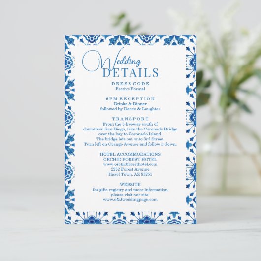Mediterrane zomer modern blauw mozaïek Bruiloft Informatiekaartje (Staand voorkant)