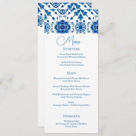 Mediterrane zomer modern blauw mozaïek Bruiloft Menu (Voorkant / Achterkant)