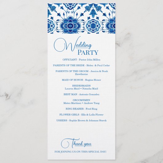 Mediterrane zomer modern blauw mozaïek Bruiloft Programmakaart (Achterkant)