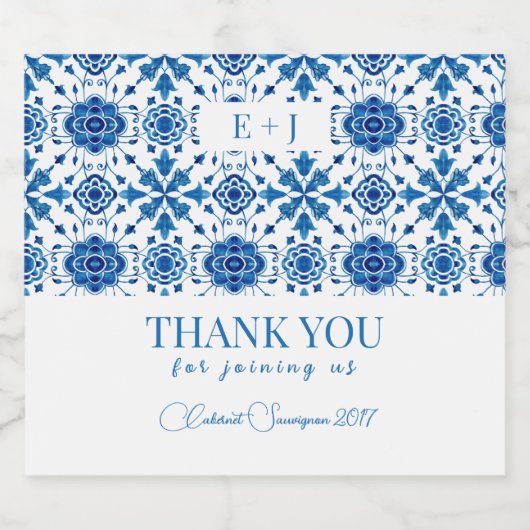 Mediterrane zomer modern blauw mozaïek "Welkom" Sparkling Wijnetiket (Enkel label)