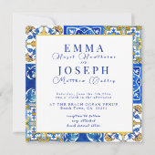 Mediterrane zomer moderne blauwe bruiloft kaart (Voorkant)