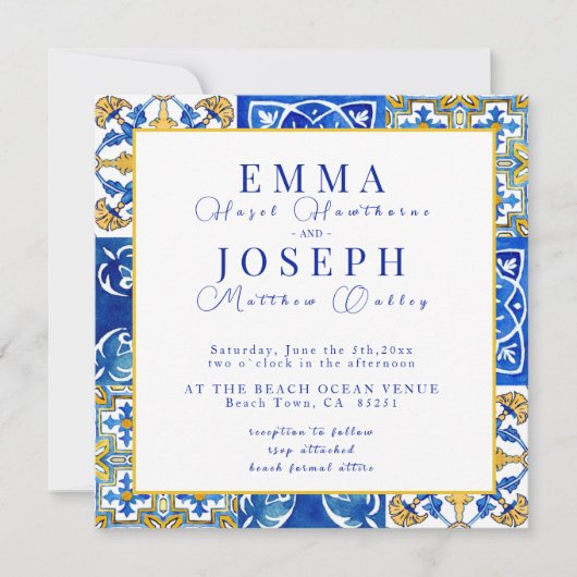 Mediterrane zomer moderne blauwe bruiloft kaart (Voorkant)