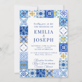 Mediterrane zomer moderne felblauwe bruiloft kaart (Voorkant)