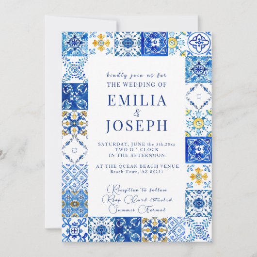 Mediterrane zomer moderne felblauwe bruiloft kaart (Voorkant)