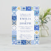 Mediterrane zomer moderne felblauwe bruiloft kaart (Staand voorkant)