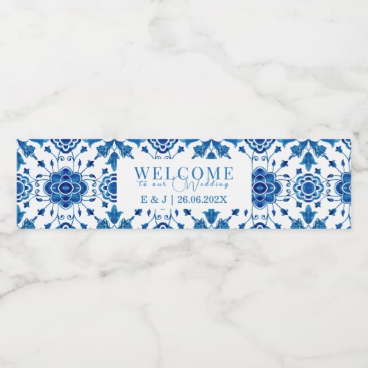 Mediterrane zomer moderne tegel bruiloft "Welkom" Waterfles Etiket (Enkel label)