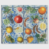 Mediterrane zomerfruit en blauwe witte mozaïek cadeaupapier (Vlak)