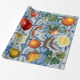 Mediterrane zomerfruit en blauwe witte mozaïek cadeaupapier