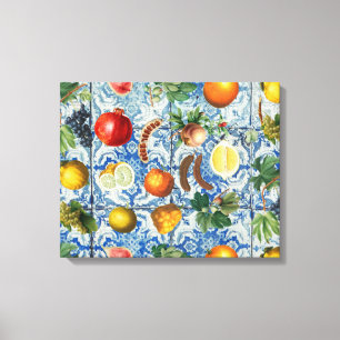 Mediterrane zomerfruit en blauwe witte mozaïek canvas afdruk