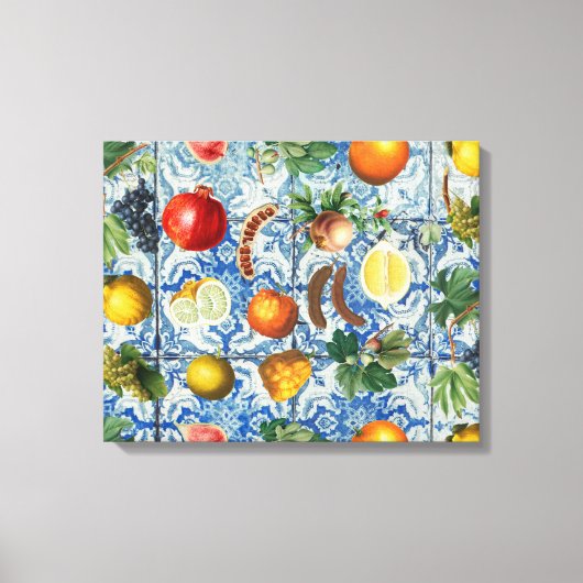 Mediterrane zomerfruit en blauwe witte mozaïek canvas afdruk (Voorkant)