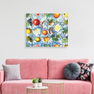 Mediterrane zomerfruit en blauwe witte mozaïek canvas afdruk