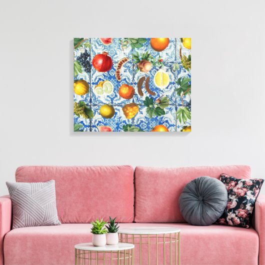Mediterrane zomerfruit en blauwe witte mozaïek canvas afdruk (Insitu (Woonkamer))