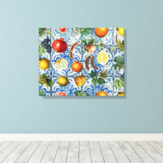 Mediterrane zomerfruit en blauwe witte mozaïek canvas afdruk (Insitu (Houten vloer))