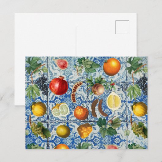 Mediterrane zomerfruit en blauwe witte mozaïek feestdagenkaart (Voorkant / Achterkant)