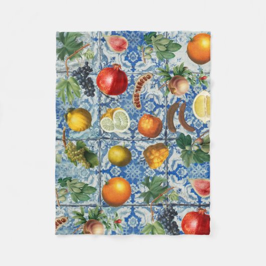 Mediterrane zomerfruit en blauwe witte mozaïek fleece deken (Voorkant)