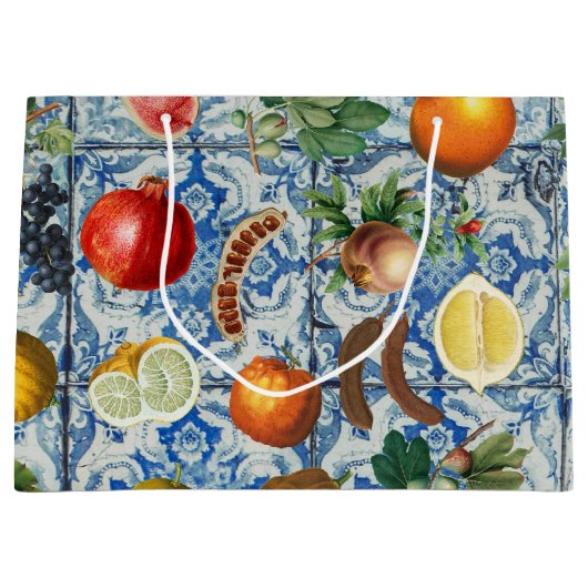 Mediterrane zomerfruit en blauwe witte mozaïek groot cadeauzakje (Voorkant)