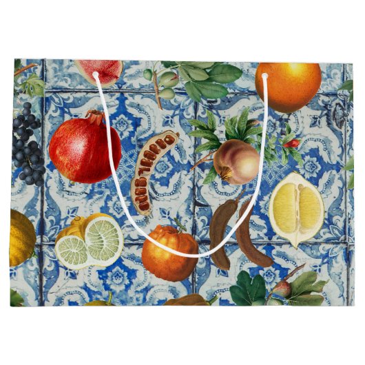 Mediterrane zomerfruit en blauwe witte mozaïek groot cadeauzakje (Achterkant)
