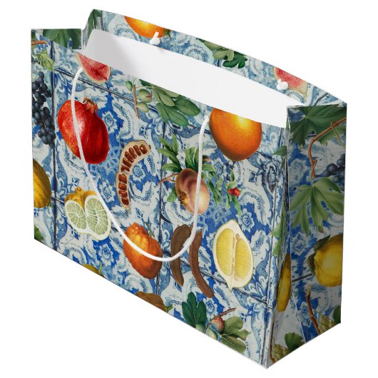 Mediterrane zomerfruit en blauwe witte mozaïek groot cadeauzakje (Achterkant Gekanteld)