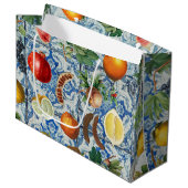 Mediterrane zomerfruit en blauwe witte mozaïek groot cadeauzakje (Voorkant Gekanteld)