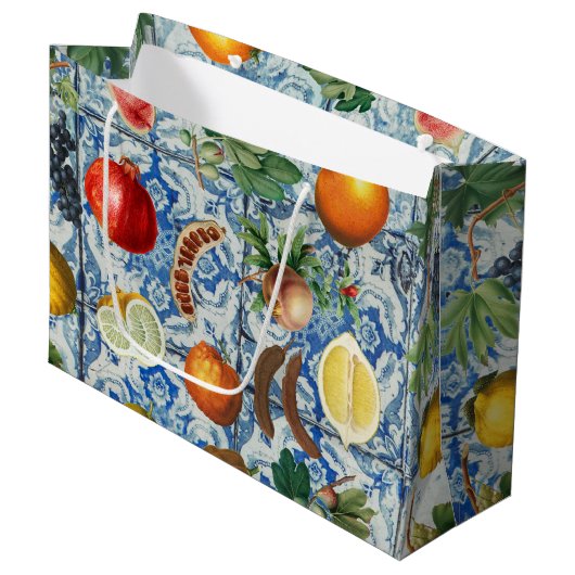 Mediterrane zomerfruit en blauwe witte mozaïek groot cadeauzakje (Voorkant Gekanteld)