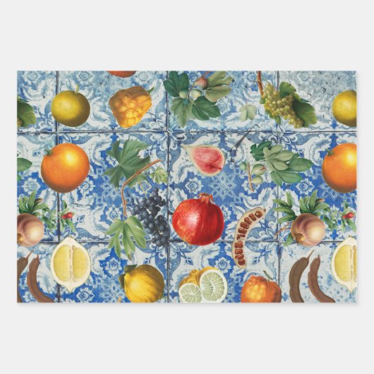 Mediterrane zomerfruit en blauwe witte mozaïek inpakpapier vel (Voorkant 3)