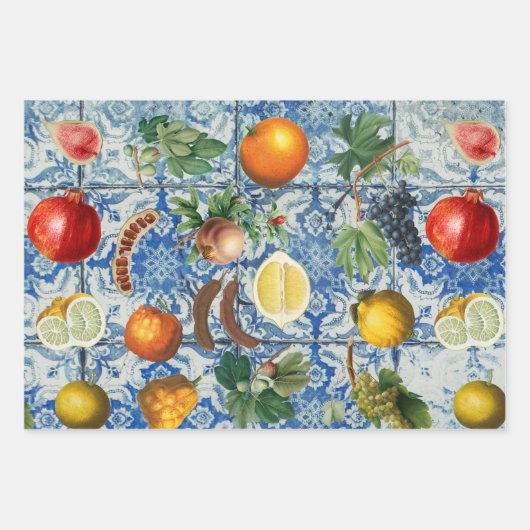 Mediterrane zomerfruit en blauwe witte mozaïek inpakpapier vel (Voorkant 2)