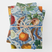 Mediterrane zomerfruit en blauwe witte mozaïek inpakpapier vel (In situ)