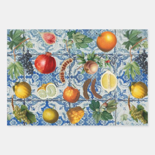 Mediterrane zomerfruit en blauwe witte mozaïek inpakpapier vel (Voorkant)