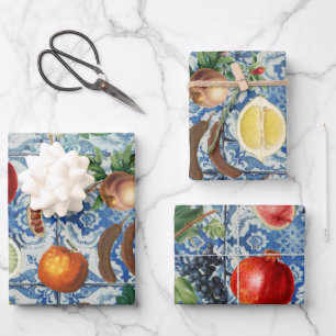 Mediterrane zomerfruit en blauwe witte mozaïek inpakpapier vel