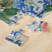 Mediterrane zomerfruit en blauwe witte mozaïek legpuzzel (Zijkant)