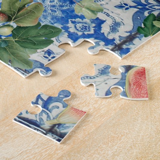 Mediterrane zomerfruit en blauwe witte mozaïek legpuzzel (Zijkant)