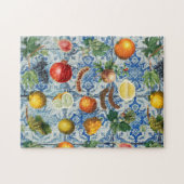 Mediterrane zomerfruit en blauwe witte mozaïek legpuzzel (Horizontaal)