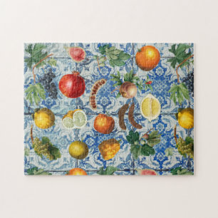 Mediterrane zomerfruit en blauwe witte mozaïek legpuzzel