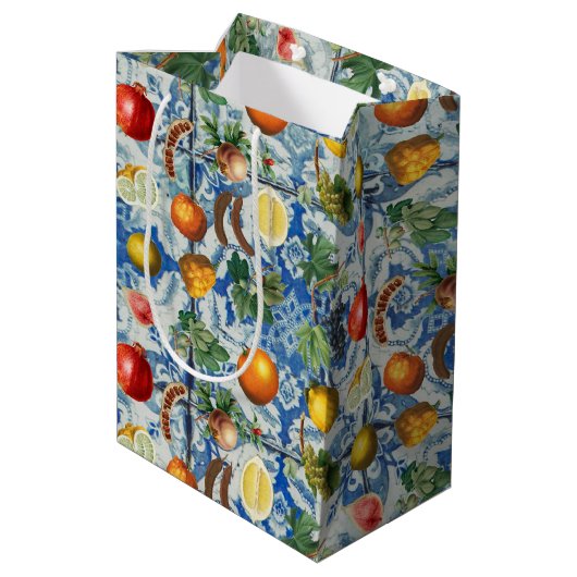 Mediterrane zomerfruit en blauwe witte mozaïek medium cadeauzakje (Achterkant Gekanteld)