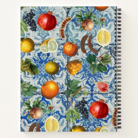 Mediterrane zomerfruit en blauwe witte mozaïek notitieboek (Achterkant)