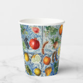 Mediterrane zomerfruit en blauwe witte mozaïek papieren bekers (Achterkant)