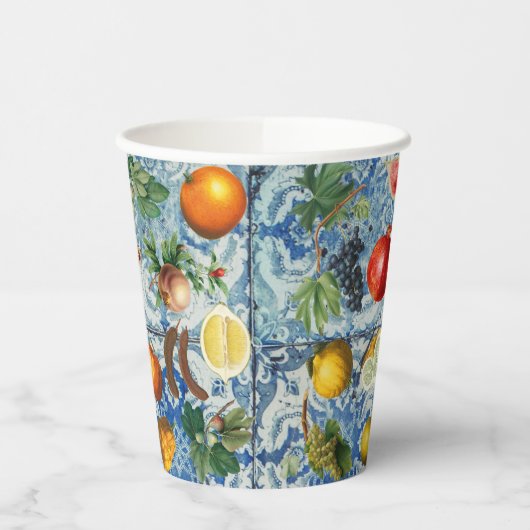 Mediterrane zomerfruit en blauwe witte mozaïek papieren bekers (Links)