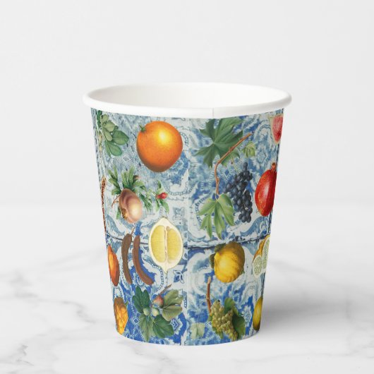 Mediterrane zomerfruit en blauwe witte mozaïek papieren bekers (Rechts)
