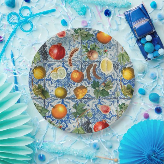 Mediterrane zomerfruit en blauwe witte mozaïek papieren bordje (Feest)