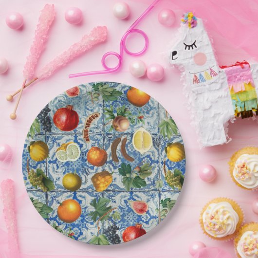 Mediterrane zomerfruit en blauwe witte mozaïek papieren bordje (Feest)