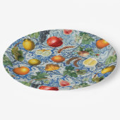 Mediterrane zomerfruit en blauwe witte mozaïek papieren bordje (Gekanteld)