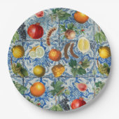 Mediterrane zomerfruit en blauwe witte mozaïek papieren bordje (Voorkant)