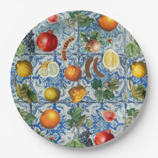 Mediterrane zomerfruit en blauwe witte mozaïek papieren bordje (Voorkant)