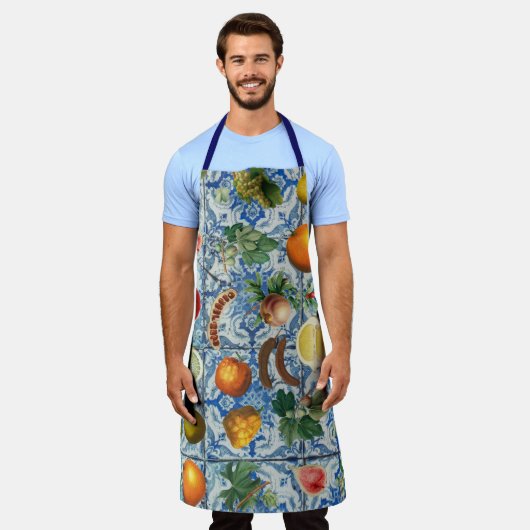 Mediterrane zomerfruit en blauwe witte mozaïek schort (Gedragen)