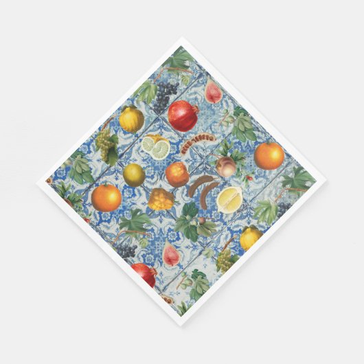 Mediterrane zomerfruit en blauwe witte mozaïek servet (Hoek)