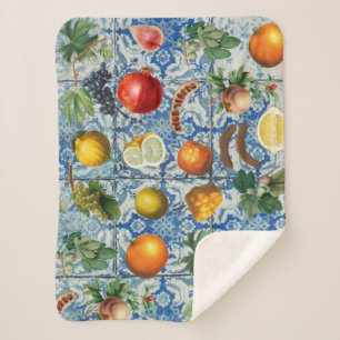Mediterrane zomerfruit en blauwe witte mozaïek sherpa deken