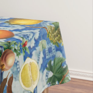 Mediterrane zomerfruit en blauwe witte mozaïek tafelkleed