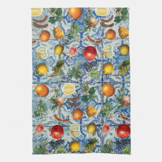 Mediterrane zomerfruit en blauwe witte mozaïek theedoek (Verticaal)