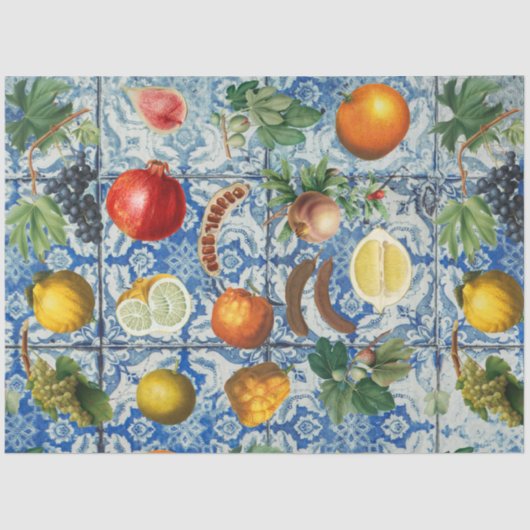 Mediterrane zomerfruit en blauwe witte mozaïek tissuepapier (Voorkant)
