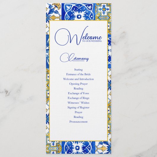 Mediterrane zomermoderne tegel Bruiloft Programmakaart (Voorkant)